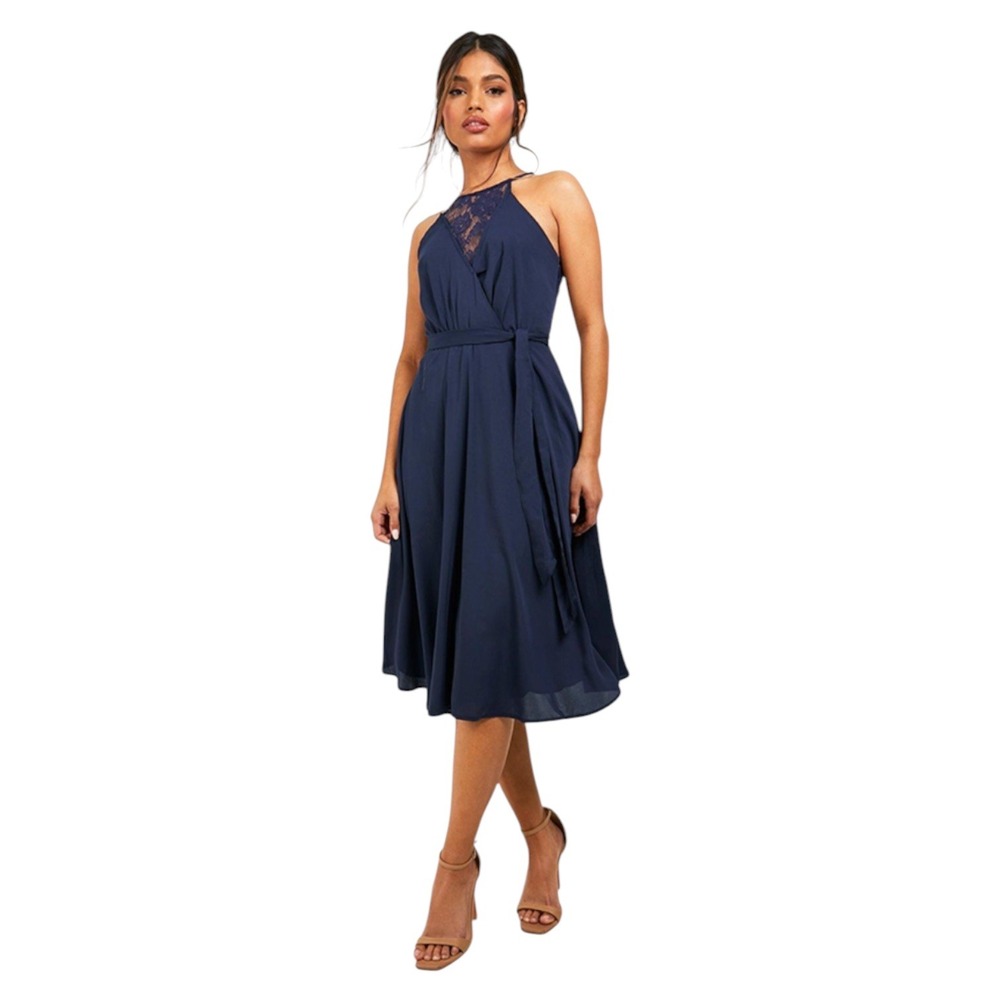 Boohoo Occasion Lace Back Split Midi Dress Halter Elegant Navy Blue Size 10 NWT